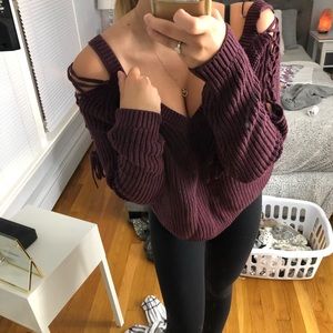 Maroon sweater with lace up shoulders
